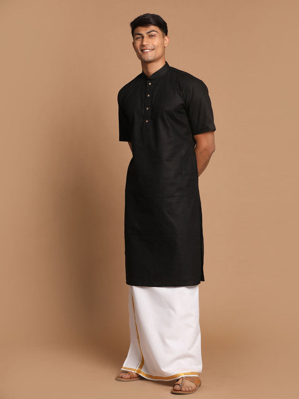 Jashvi Men's Black Cotton Kurta And Mundu Set