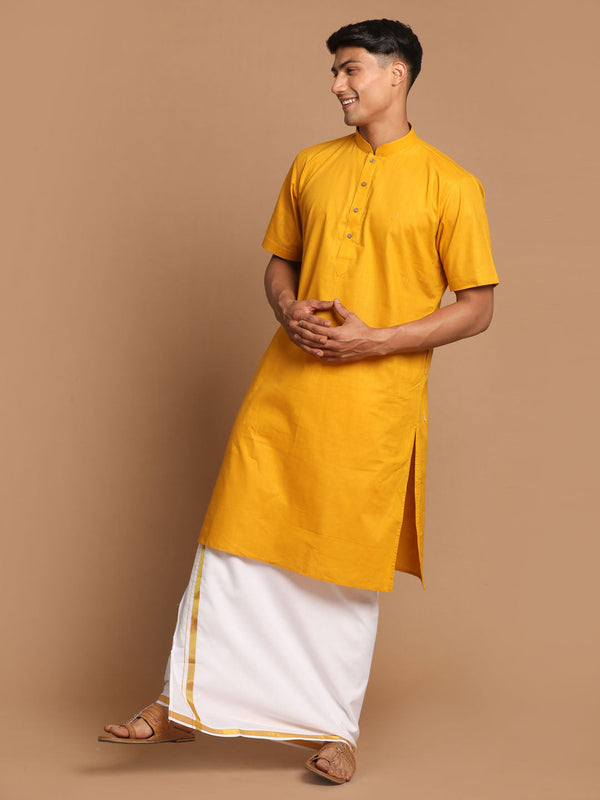 Jashvi Men's Mustard Cotton Kurta And Mundu Set