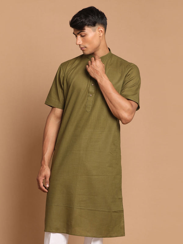 Jashvi Men's Olive Green Solid Kurta