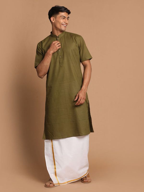 Jashvi Men's Olive Green Cotton Kurta And Mundu Set