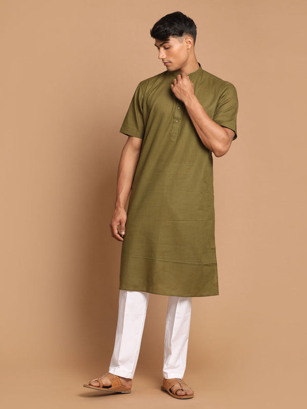 Jashvi Men's Olive Green Solid Kurta with Pyjamas