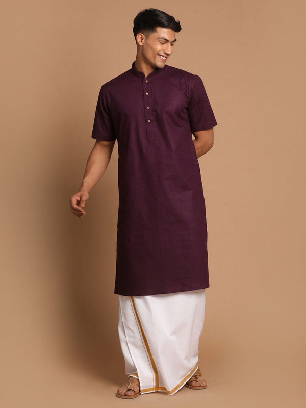 Jashvi Men's Purpple Cotton Kurta And Mundu Set