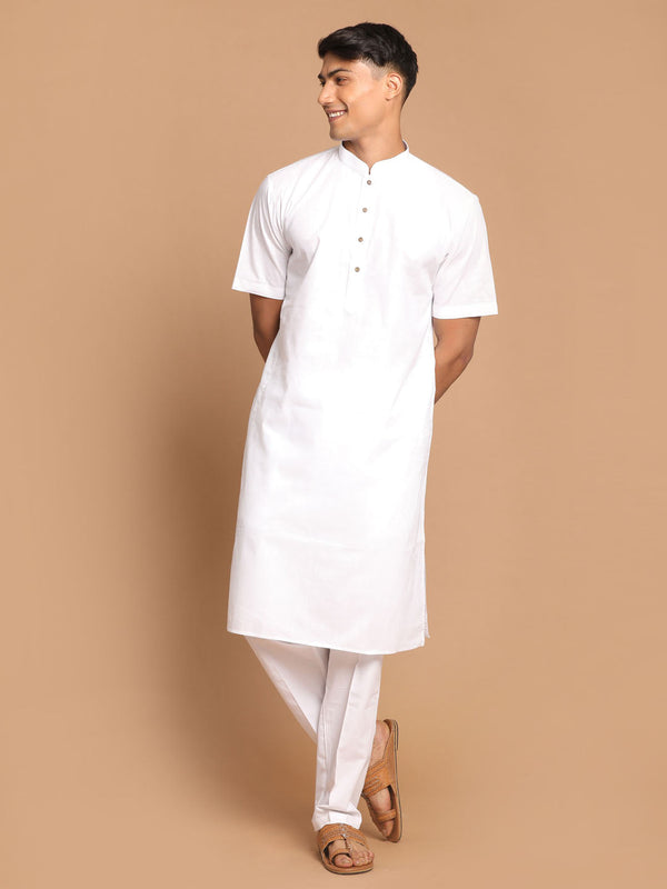 Jashvi Men's White Solid Kurta Pant style Cotton Pyjama Set