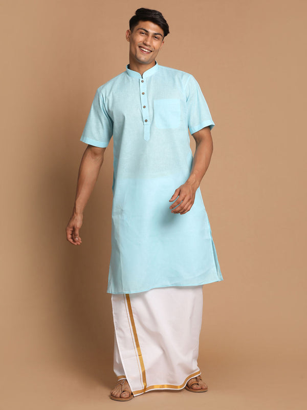 Jashvi Men's Aqua Blue Cotton Kurta And Mundu Set