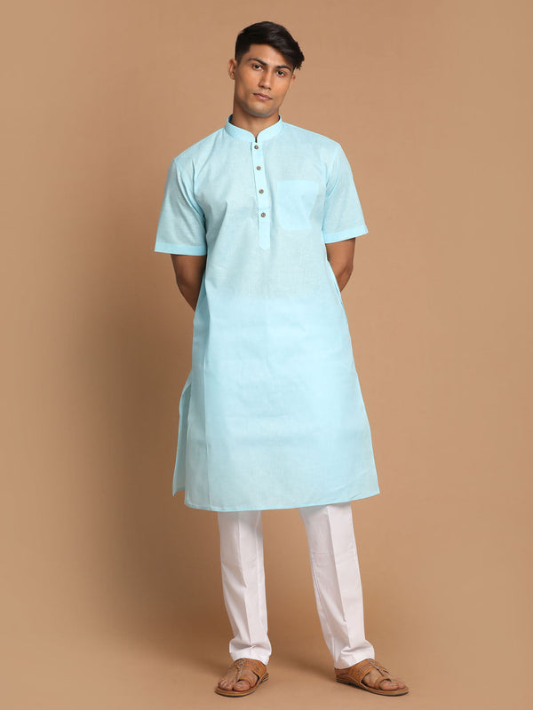 Jashvi Men's Blue  Solid Kurta with White Pyjama