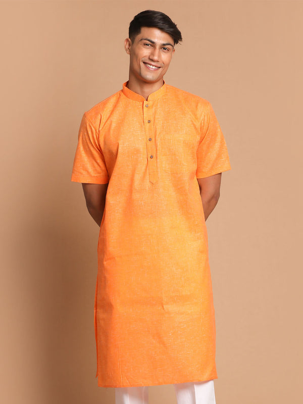 Jashvi Men's Orange Cotton Blend Solid Kurta