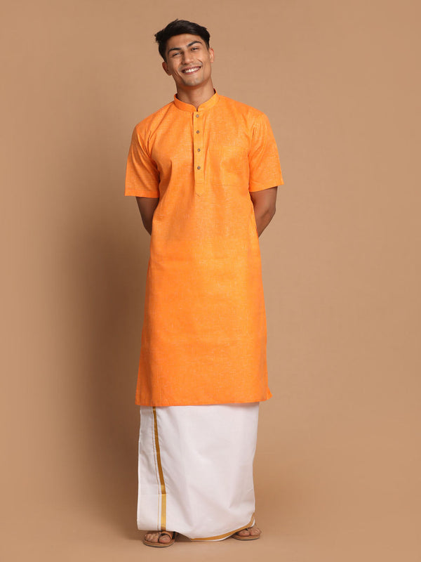 Jashvi Men's Orange Cotton Kurta And Mundu Set