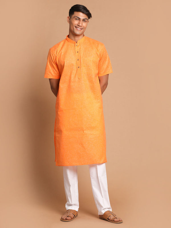 Jashvi Men's Orange Solid Kurta with White Pyjamas