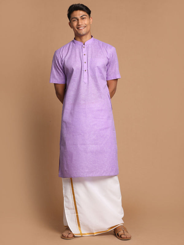 Jashvi Men's Purple Cotton Kurta And Mundu Set