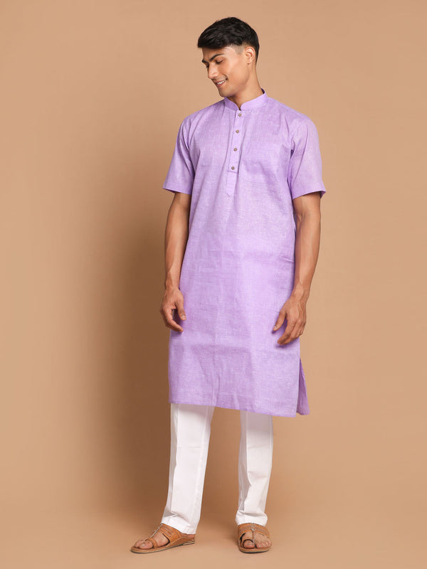 Jashvi Men's Purple Solid Kurta with White Pyjama Set