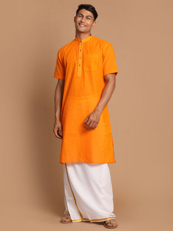 Jashvi Men's Orange Striped Cotton Kurta And Mundu Set