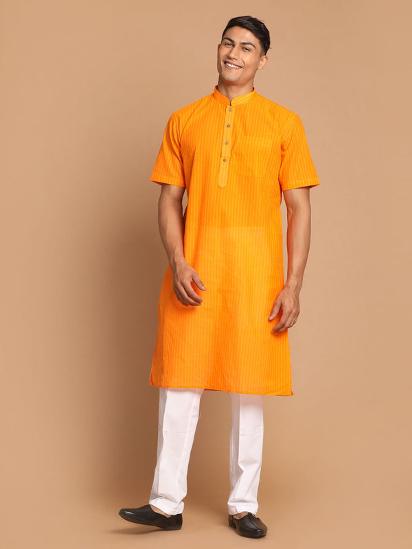 Jashvi Men's Orange Striped Cotton Kurta With Pyjama Set