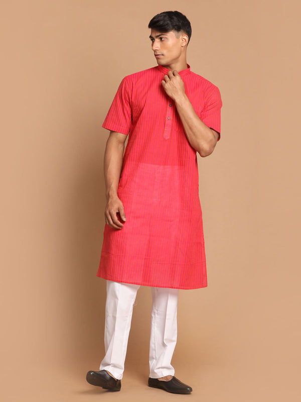 Jashvi Men's Pink Striped Cotton Kurta With White Pyjama Set