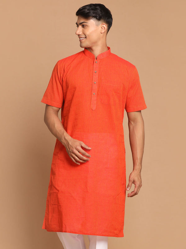 Jashvi Men's Orange Striped Pure Cotton Kurta