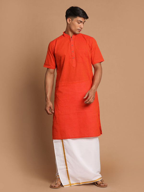 Jashvi Men's Orange Pure Cotton Striped Kurta And Mundu Set