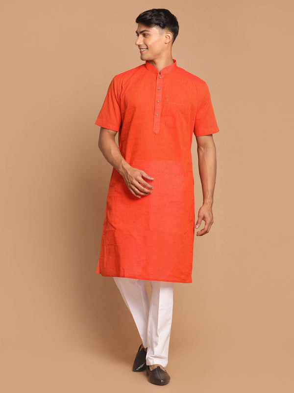 Jashvi Men's Orange Striped Pure Cotton Kurta with Pyjamas