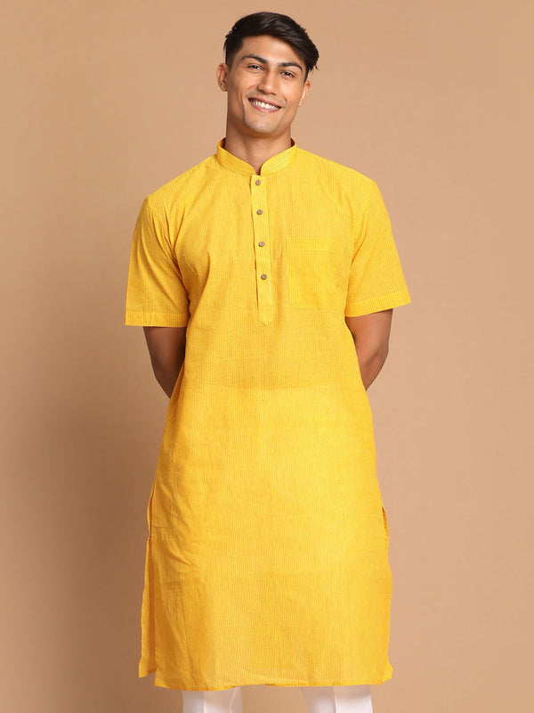 Jashvi Men's Yellow Striped Pure Cotton Kurta