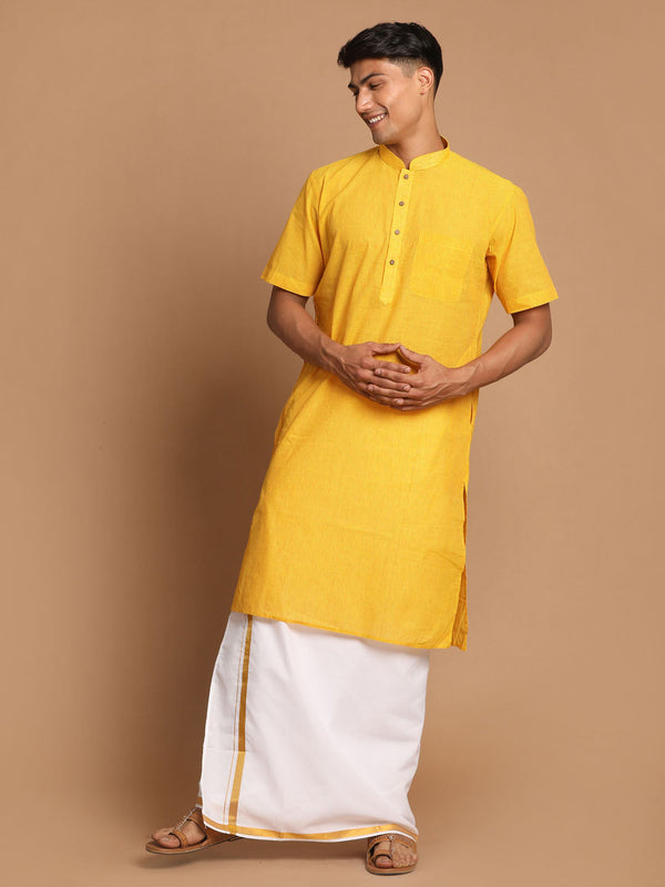 Jashvi Men's Yellow Pure Cotton Striped Kurta And Mundu Set