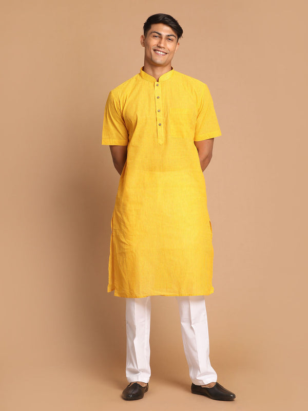 Jashvi Men's Yellow Striped Kurta with White Pant style Cotton Pyjama Set