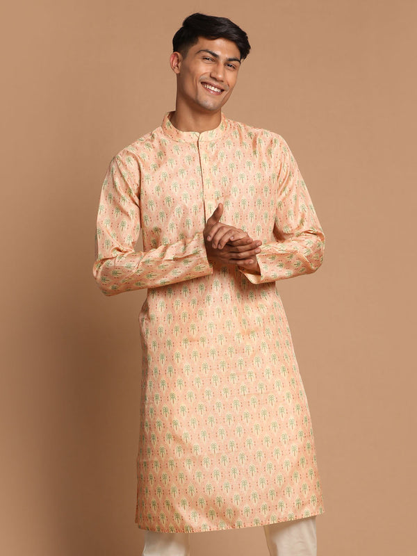 Jashvi Men's Pink Silk Blend Printed Kurta