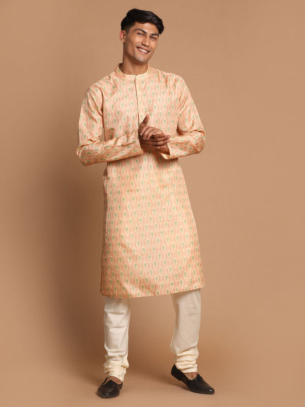 Jashvi Men's Pink Silk Blend Printed Kurta with Cream Pyjama Set