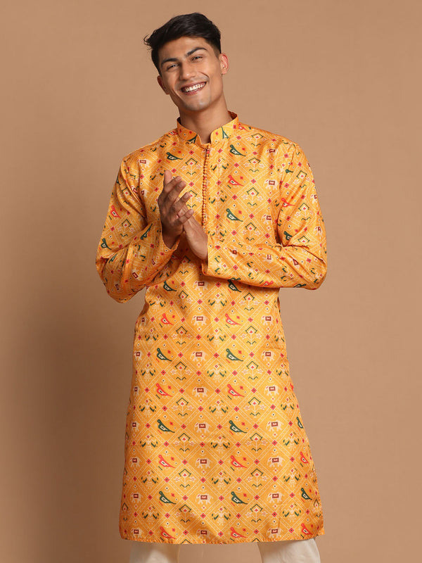 Jashvi Men's Yellow Silk Blend Ethnic Kurta