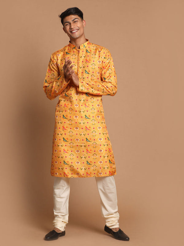 Jashvi Men's Yellow Silk Blend Ethnic Kurta with Cream Pyjamas Set