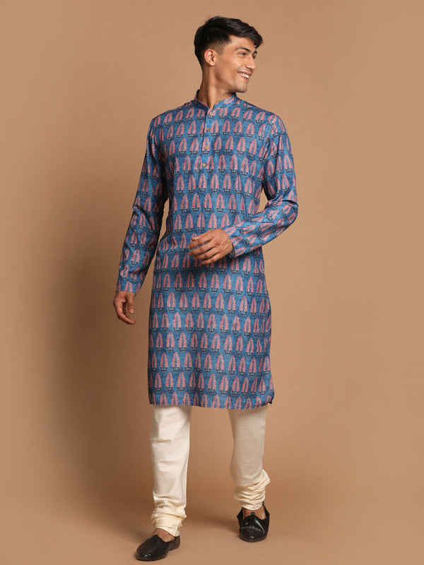 Jashvi Men's Blue Ethnic Kurta with Cream Pyjama Set