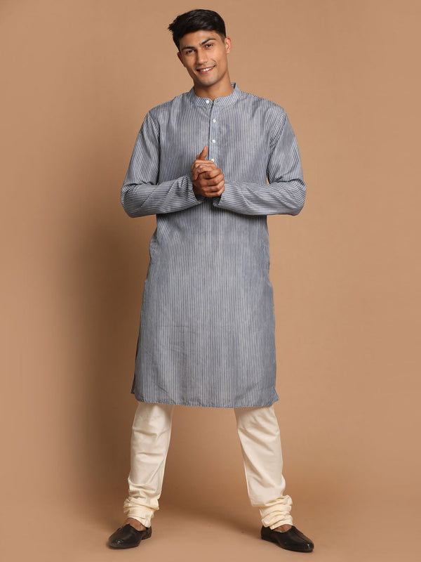 Jashvi Men's Grey Striped Kurta with Cream Pyjamas Set