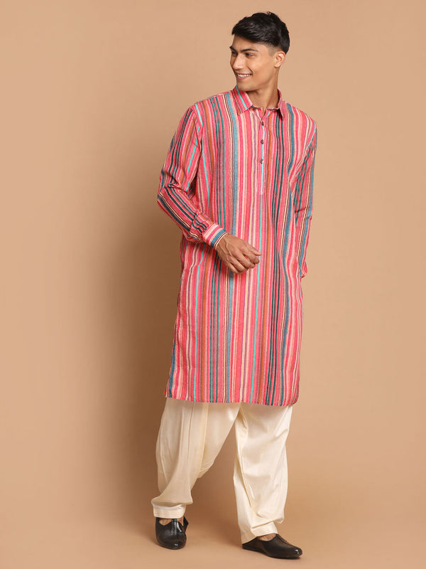 Jashvi Men's Multi-Color Embellished Kurta With Cream Patiala Pyjama