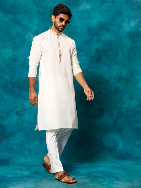 Jashvi Men's Cream And White Cotton Blend Kurta Pyjama Set