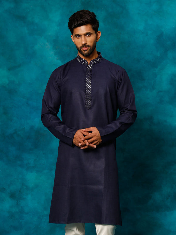 Jashvi Men's Navy Blue Cotton Blend Ethnic Kurta