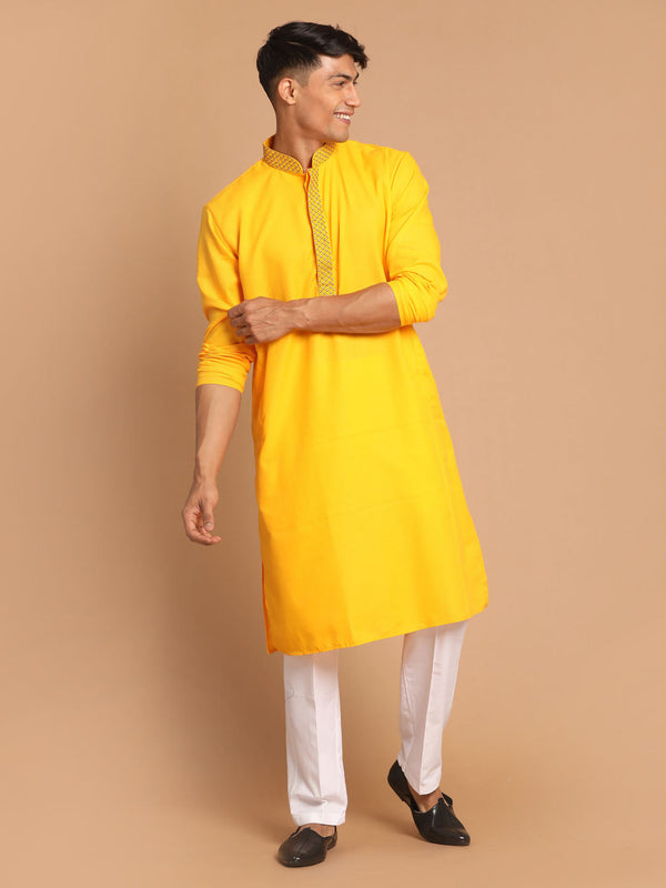 Jashvi Men's Yellow And White Solid Kurta With Pant Set