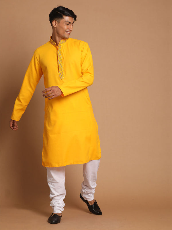 Jashvi Men's Yellow And White Solid Kurta With Churidar Set