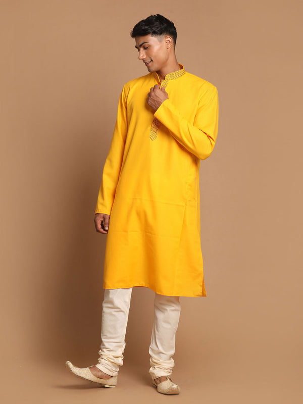 Jashvi Men's Yellow And Cream Solid Kurta With Pyjama Set