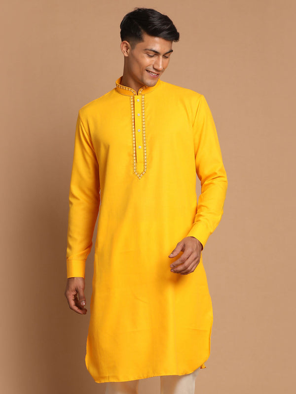 Jashvi Men's Yellow Cotton Blend Kurta