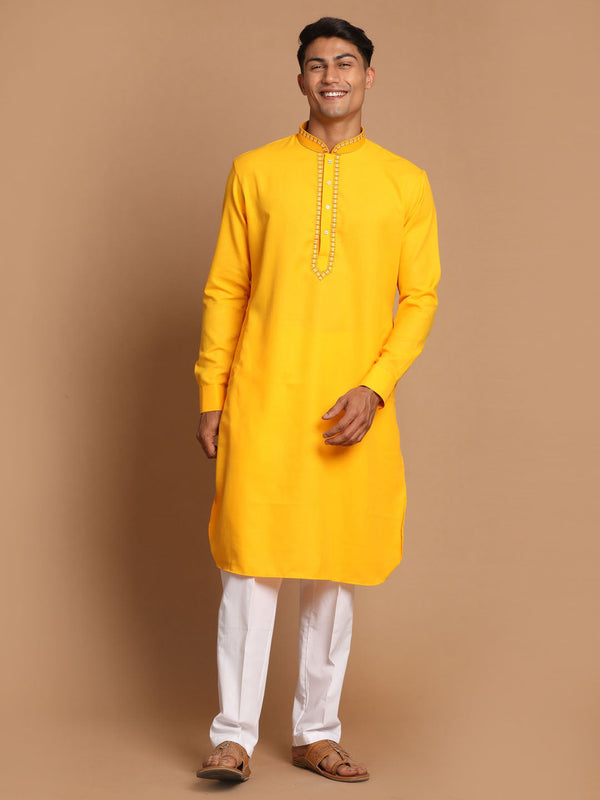 Jashvi Men's Yellow And White Cotton Blend Kurta With Pant Set