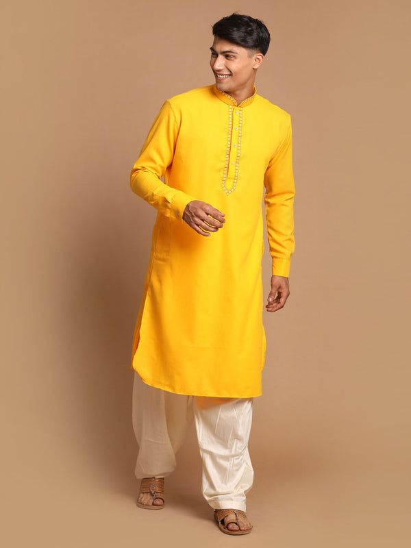 Jashvi Men's Yellow Cotton Blend Kurta with Patiala Set