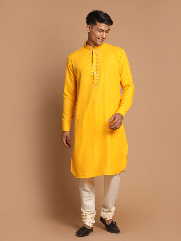 Jashvi Men's Yellow And Cream Cotton Blend Kurta With Pyjama Set