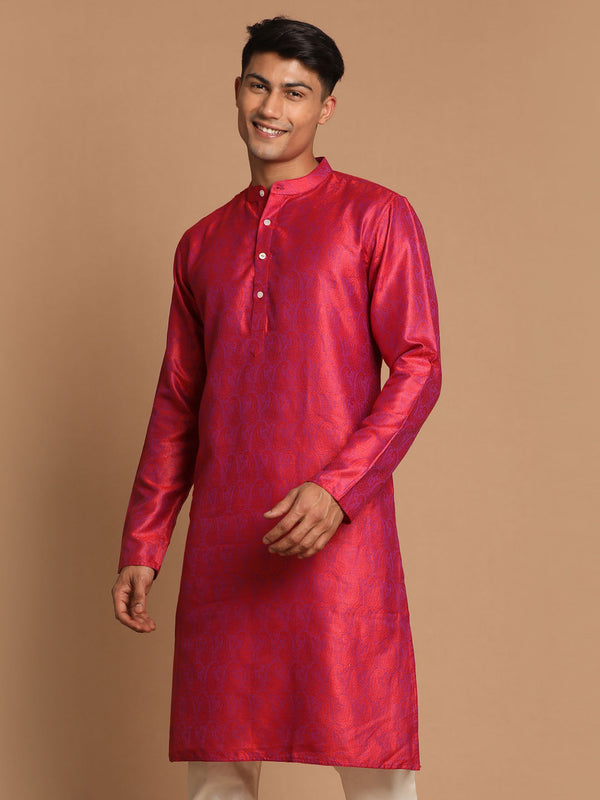 Jashvi Men's Red Paisley Brocade Silk Kurta