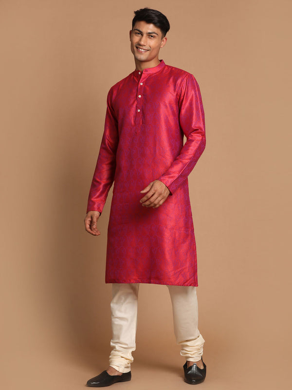 Jashvi Men's Red Paisley Brocade Silk Kurta And Solid Pyjama Set