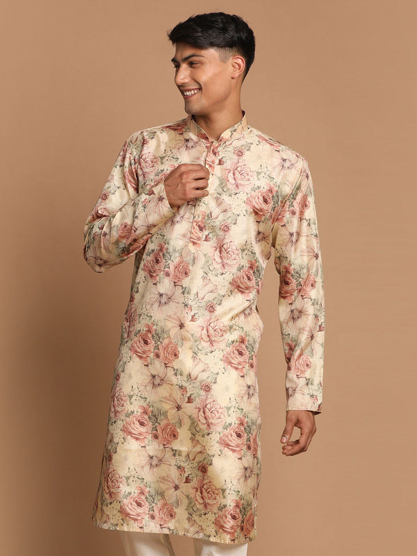 Jashvi Men's Beige Floral Printed Straight Kurta