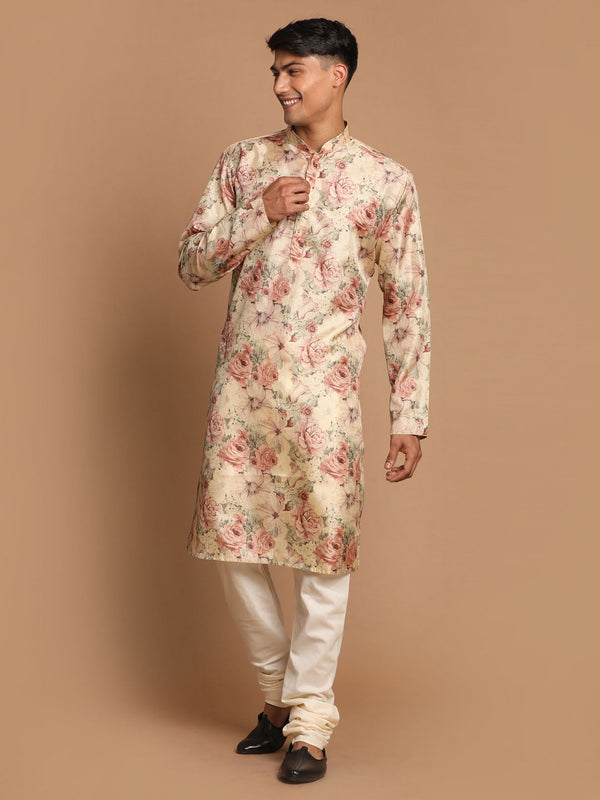 Jashvi Men's Beige Floral Printed Kurta with Cream Solid Pyjama Set