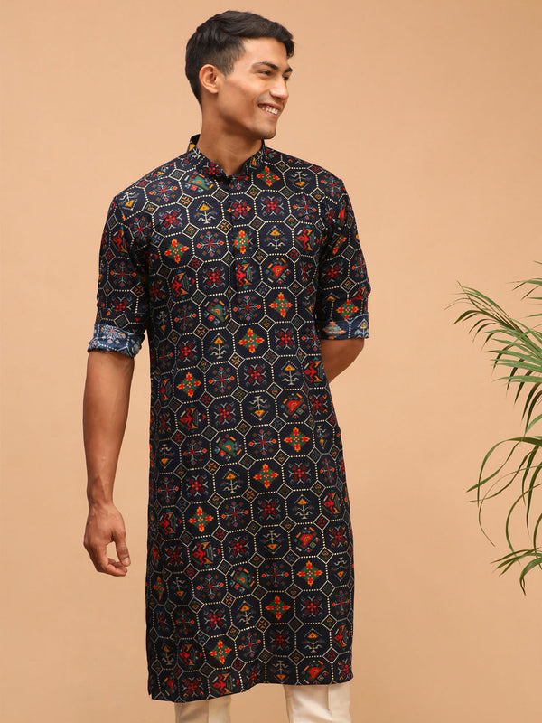 Jashvi Men's Blue Printed Rayon Kurta