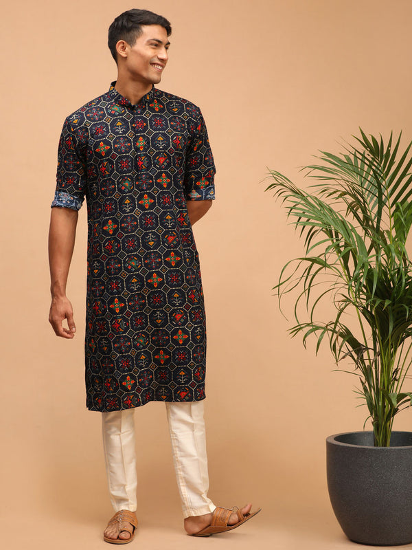 Jashvi Men's Blue Printed Rayon Kurta With Pant Set