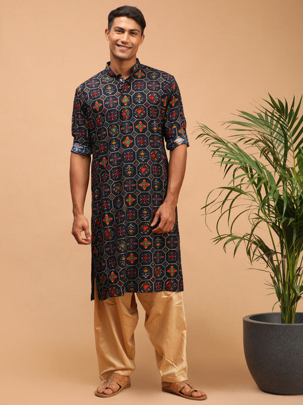 Jashvi Men's Blue Printed Rayon Kurta With Patiala Set