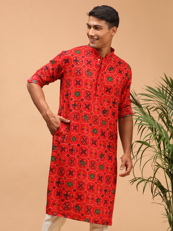 Jashvi Men's Red Printed Rayon Kurta