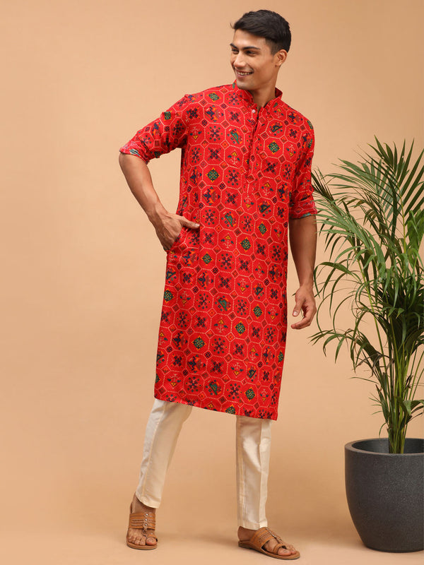 Jashvi Men's Red Printed Rayon Kurta With Pant Set