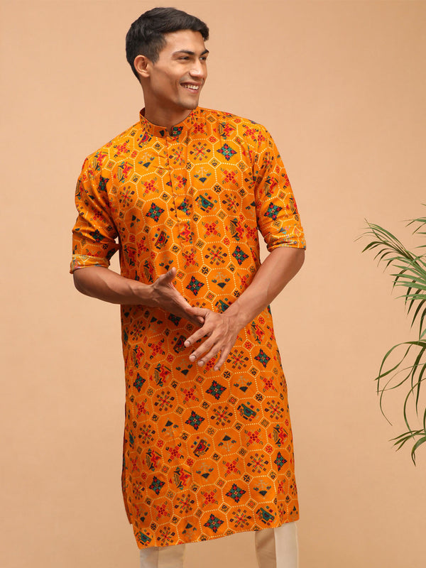 Jashvi Men's Yellow Printed Rayon Kurta