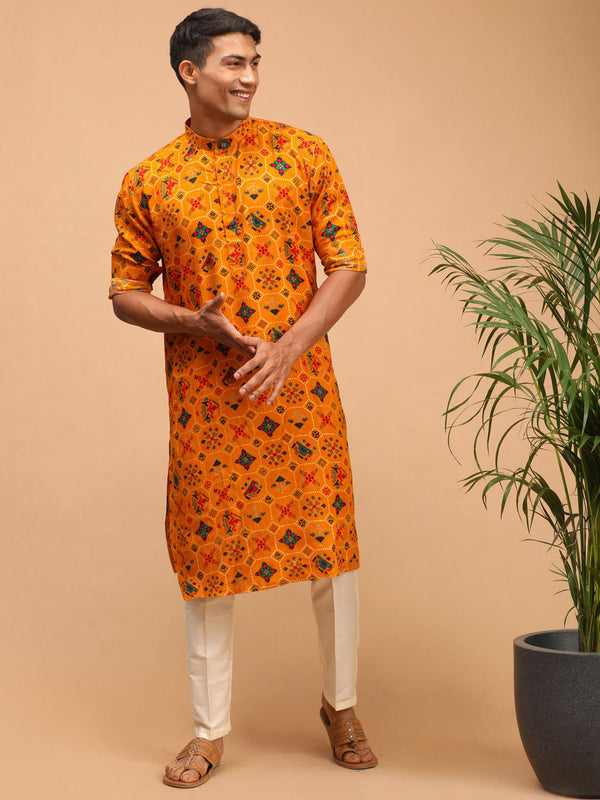 Jashvi Men's Yellow Printed Rayon Kurta With Pant Set